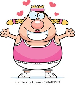 A cartoon illustration of an exercising woman ready to give a hug.