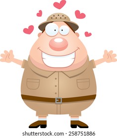 A cartoon illustration of an explorer ready to give a hug.