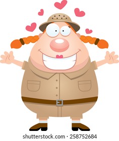 A cartoon illustration of an explorer ready to give a hug.