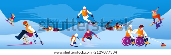 Cartoon illustration with faceless abstract\
men and women on winter\
background