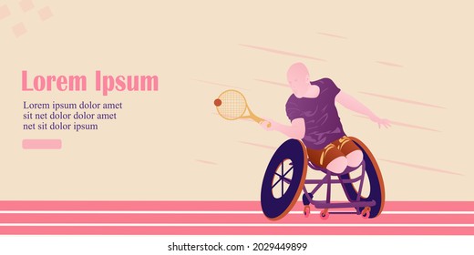 Cartoon illustration with a faceless disabled man playing wheelchair tennis