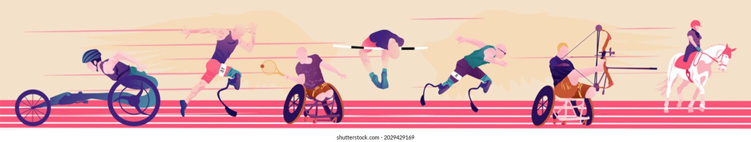 Cartoon illustration with faceless disabled people on abstract background