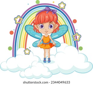 A cartoon illustration of fairies flying over a cloud-filled sky with a rainbow in the background