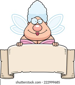 A cartoon illustration of a fairy godmother with a banner sign.