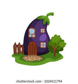 Cartoon illustration with fairy house in form of ripe purple eggplant, little wooden fence and tree on green meadow. Flat vector for children story book or mobile game