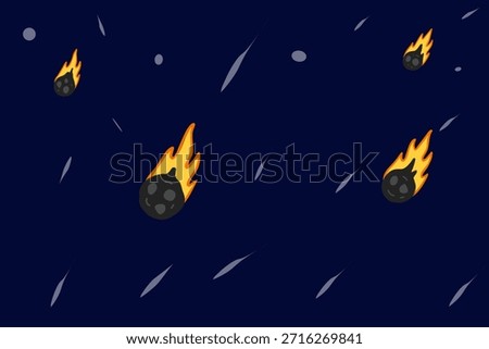 Cartoon Illustration of Falling Meteors and Asteroid Rain in Outer Space.