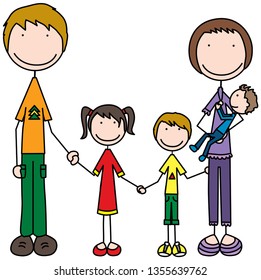 Cartoon illustration of family of five