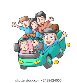 cartoon illustration of a family on holiday by car. People Transportation Icon Concept Isolated Premium Vector.