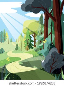 Cartoon illustration fantasy forest with trees and falling sun rays for your design