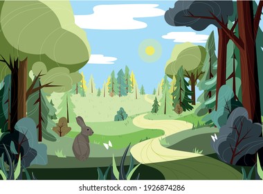 Cartoon illustration fantasy forest with trees and rabbit for your design