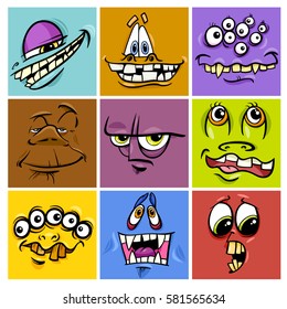 Cartoon Illustration of Fantasy Monster Characters Faces Set