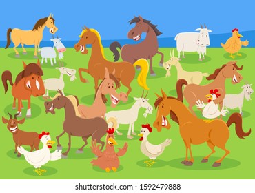 Cartoon Illustration of Farm Animal Characters Group on the Meadow