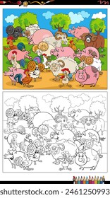 Cartoon illustration of farm animal characters group coloring page