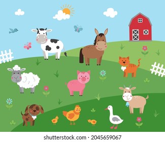 Cartoon illustration with farm animals.