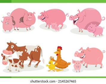 Cartoon illustration of farm animals with babies characters set