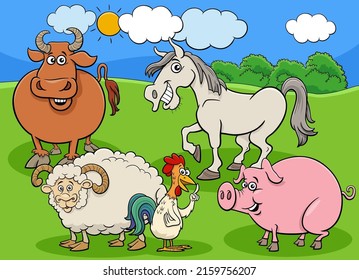 Cartoon illustration of farm animals characters group in the meadow