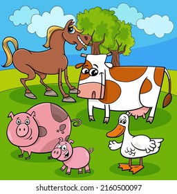 Cartoon illustration of farm animals characters group in the meadow