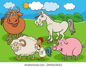Cartoon illustration of farm animals characters group in the meadow
