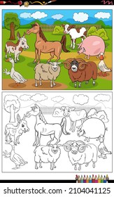 Cartoon illustration of farm animals comic characters group coloring book page