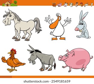 Cartoon illustration of farm animals comic characters set