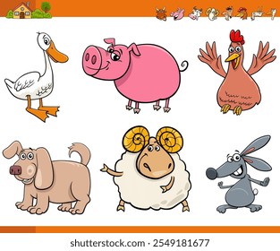 Cartoon illustration of farm animals comic characters set