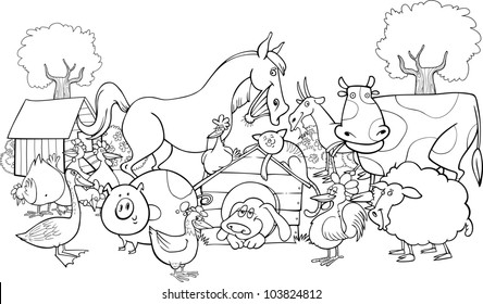 cartoon illustration of farm animals group for coloring group