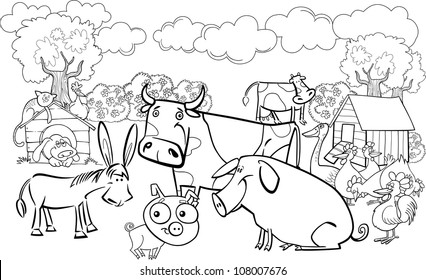 cartoon illustration of farm animals group for coloring book