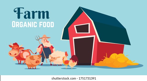 Cartoon illustration of a farm with a barn, animals and a farmer.