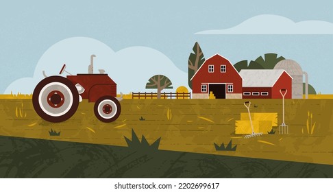 Cartoon illustration of a farm with a red tractor and a barn. Autumn harvest concept. Vector illustration.