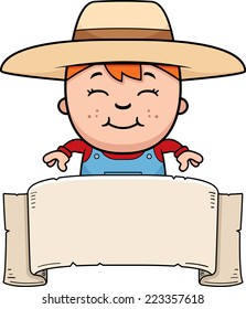 A cartoon illustration of a farmer boy with a banner.