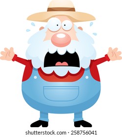 A cartoon illustration of a farmer looking scared.