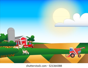 Cartoon illustration of farmland with buildings and flock