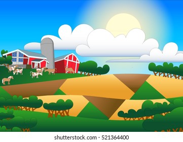 Cartoon illustration of farmland with buildings and flock