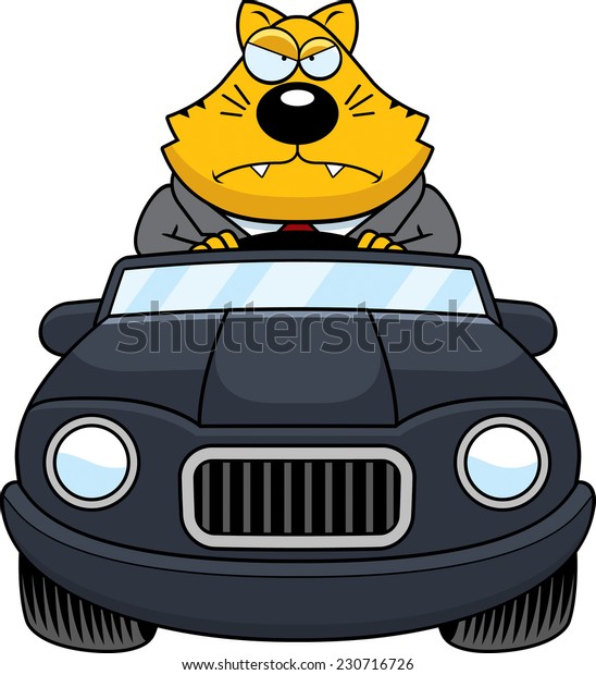 A cartoon illustration of a fat cat driving a\
car with an angry\
expression.