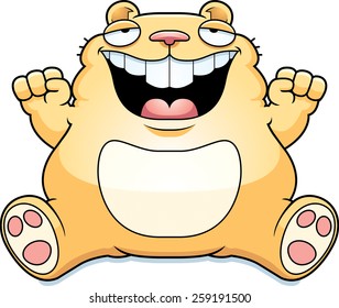 A cartoon illustration of a fat hamster smiling and sitting.