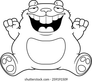 A cartoon illustration of a fat hamster smiling and sitting.
