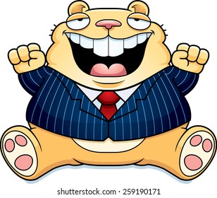 A cartoon illustration of a fat hamster in a suit smiling and sitting.