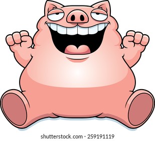 A cartoon illustration of a fat pig smiling and sitting.