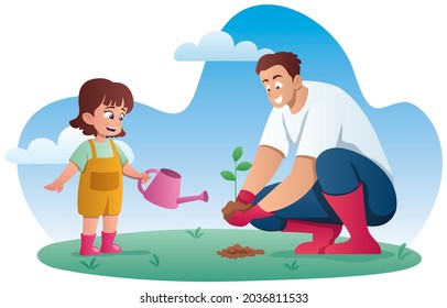 Ilustración de caricatura con padre e hija plantando un árbol en su jardín.