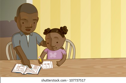 Cartoon illustration of a father helping his daughter with her math homework. Add your own text in the corner, or crop it to make a balanced square composition.