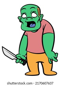 Cartoon illustration of A Father infected by zombies viruses walking while holding a kitchen knife, best for mascot, sticker, and decoration with halloween themes