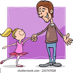 Cartoon Illustration of Father and Little Daughter Dancing Ballet