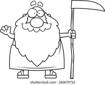 A cartoon illustration of Father Time waving.