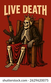 Ilustração de desenhos animados apresenta um esqueleto coroado em um trono de madeira segurando um rifle Perfeito para obras de arte ou desenhos gráficos ousados.