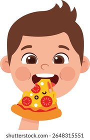 A cartoon illustration features a smiling boy with short brown hair, excitedly taking a bite out of a slice of pizza with a happy face, cheese, and pepperoni.