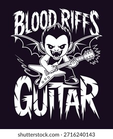 Uma ilustração de desenho animado apresenta um personagem vampiro branco com presas e asas de morcego, tocando energeticamente uma guitarra elétrica. O personagem estilizado é centrado em um fundo escuro, com as palavras 'BLOOD RIFFS' acima e 'GUITAR' abaixo, ambos em uma fonte angustiada e irregular. O design geral tem uma estética de rock gótico ou metal.