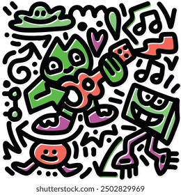 Cartoon illustration featuring abstract characters playing musical instruments in bold colors with an offset effect, set against a white background, creating a playful and energetic design.
