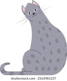 Cartoon illustration featuring an adorable gray cat with dark spots, curiously turning its head and gazing with an inquisitive expression on its face