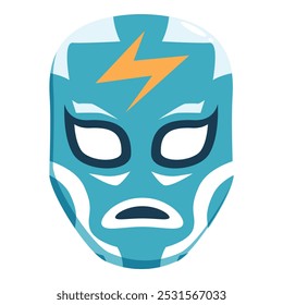 Cartoon illustration featuring a blue luchador wrestling mask with white details and a lightning bolt on the forehead