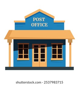 Cartoon illustration featuring a blue and yellow building with a sign reading post office, evoking the architectural style of a classic wild west saloon